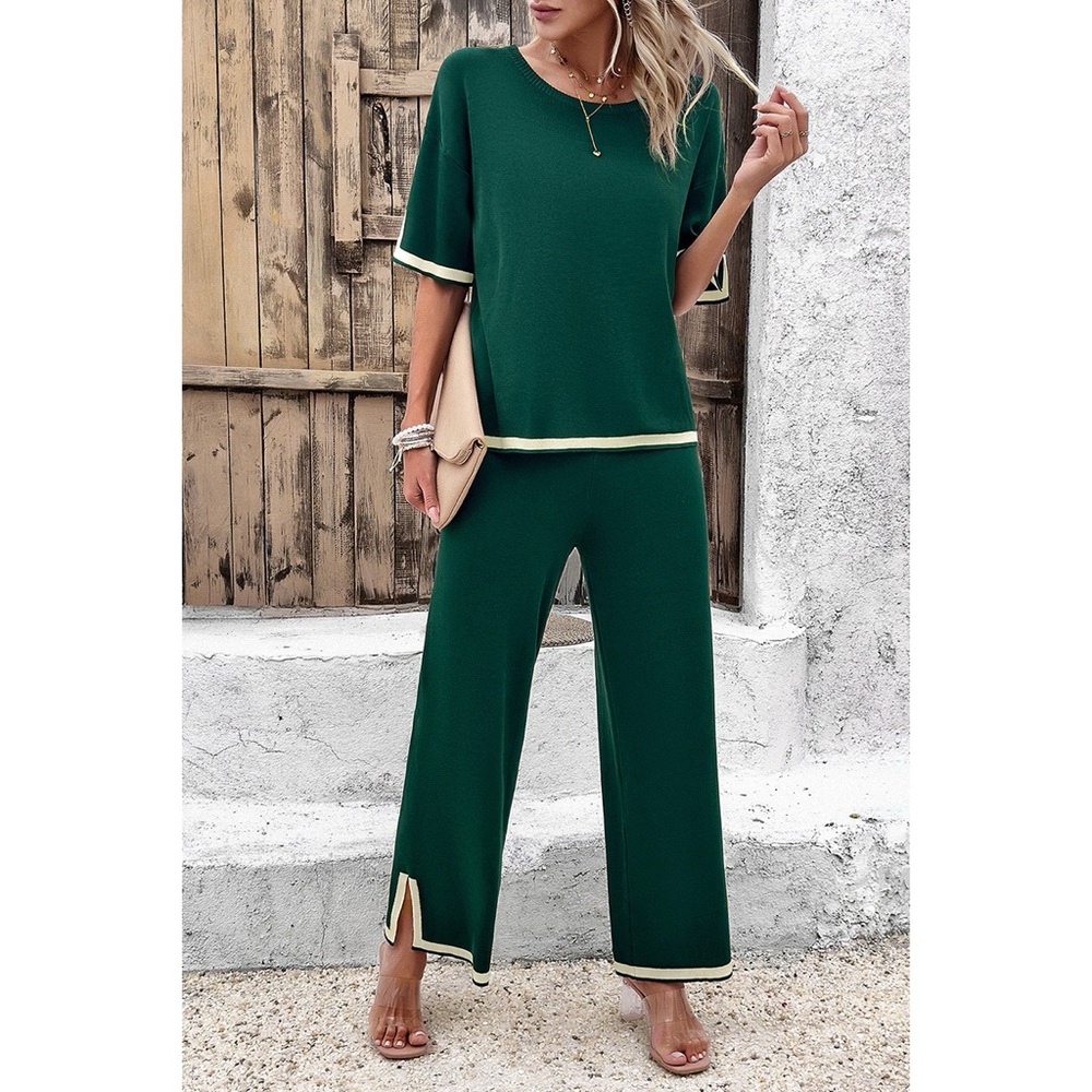 Two Pieces Outfits Knit Short Sleeve Wide Leg Lounge Sets - Picture 12 of 13
